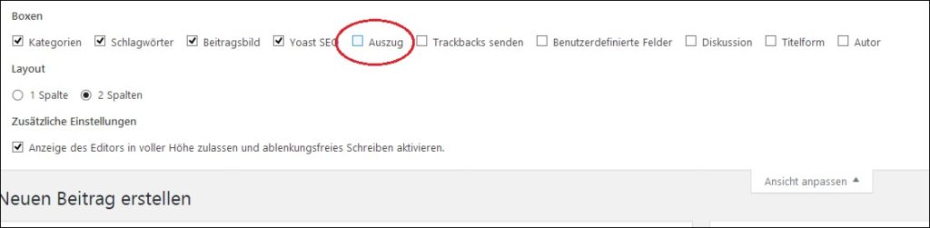 Die Option "Auszug" blendet ein zusätzliche Textfeld ein.